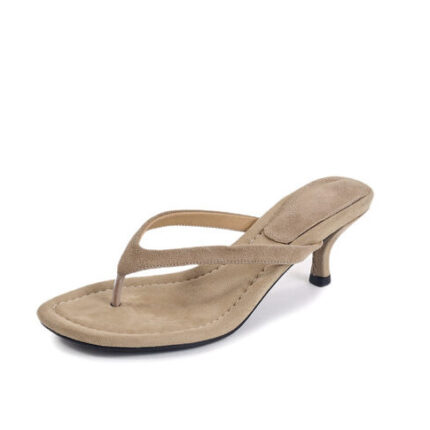 Women's Genuine Leather Thong Sandals - Kitten Heel Square Toe Slip On Dress Sandals for Summer