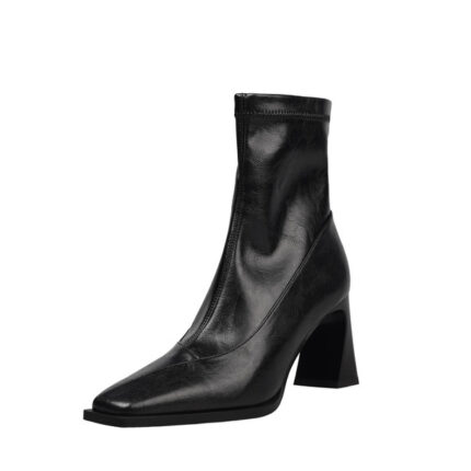 Women's Genuine Leather Square Toe Ankle Boots - Chunky Block Heel Side Zipper Sock Boots for Fall Winter