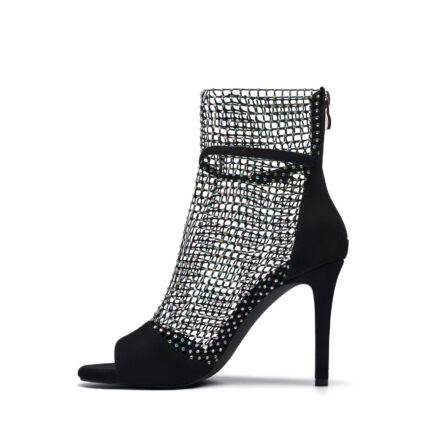 Luxury Rhinestone Mesh Peep Toe Stiletto Ankle Boots - Elegant Evening Party High Heel Booties